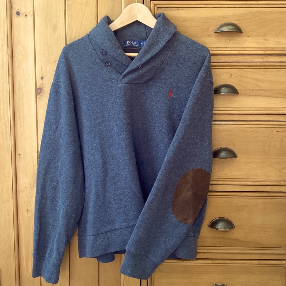 Polo Ralph Lauren - Shawl Sweater Burgundy Logo Elbow Patches Cotton Pullover XL